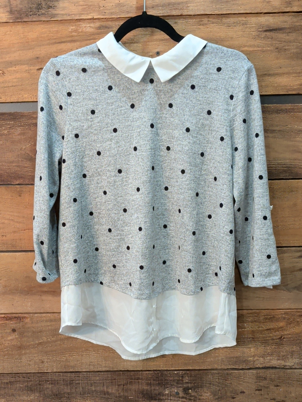 Faith and Joy Gray Polka Dot Peter Pan Collar Sweatshirt with White Chiffon Hem